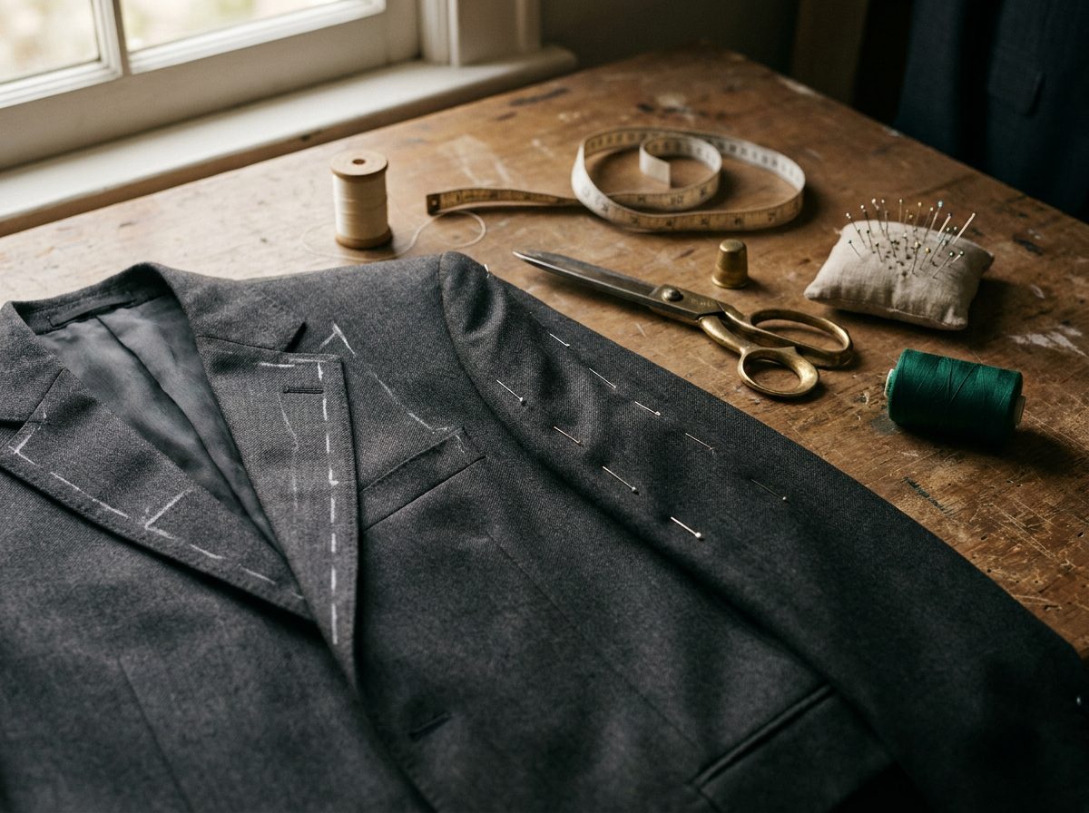 In-progress alteration on the tailoring bench at Mega Cleaners