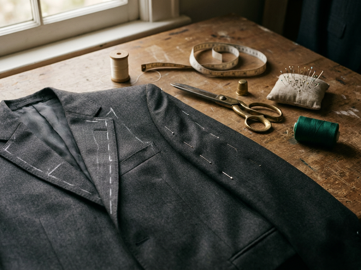 In-progress alteration on the tailoring bench at Mega Cleaners
