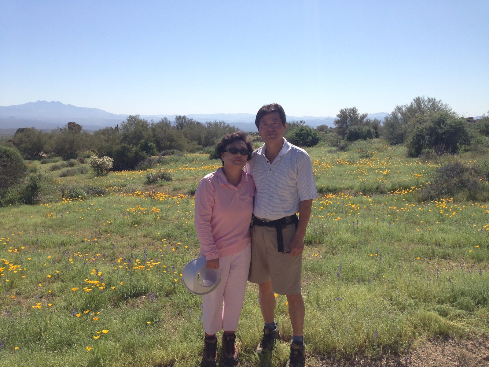 Sam and Angela, owners of Mega Cleaners and Alterations, in a Sonoran Desert wildflower bloom outside Scottsdale